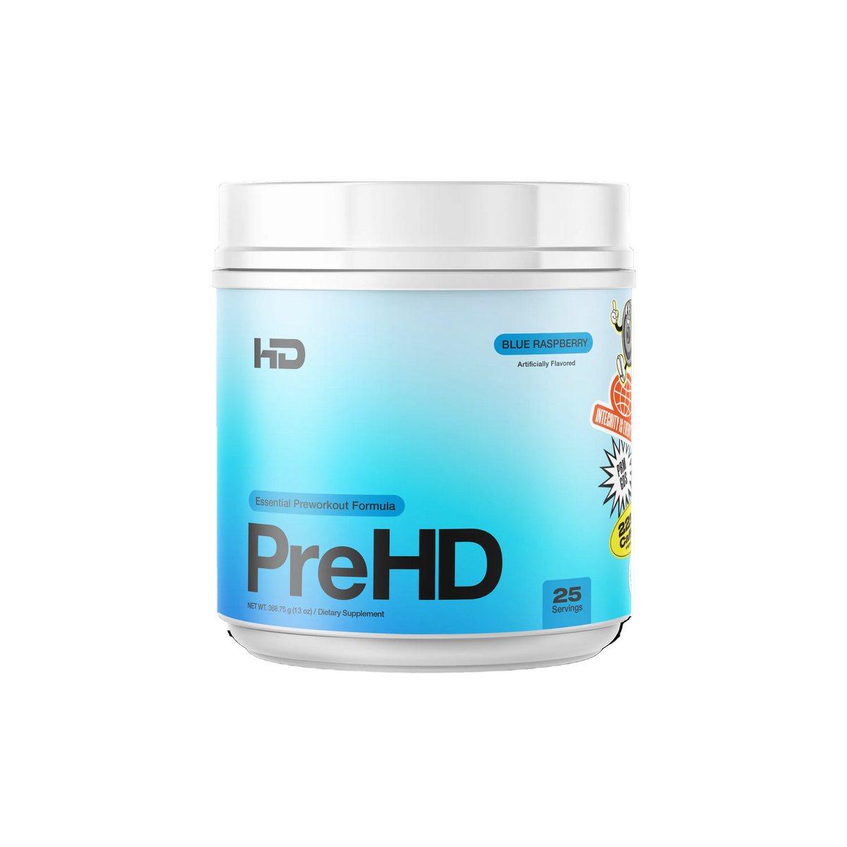 A white plastic tub of PreHD Essential Protein powder in Blue Raspberry flavor, featuring a light blue gradient label with bold black text and a white lid, set against a plain white background.
