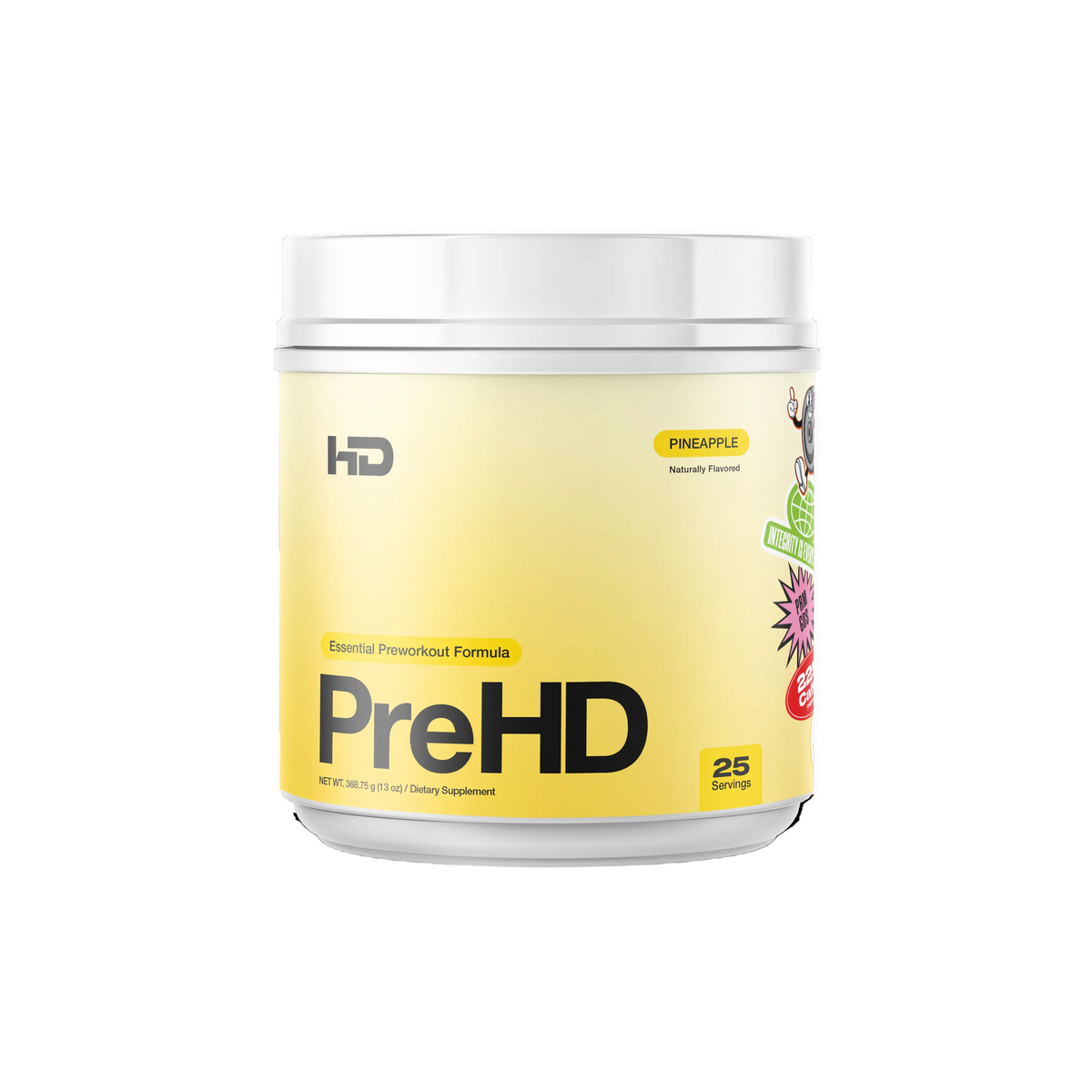 PreHD supplement container with yellow label on a white background