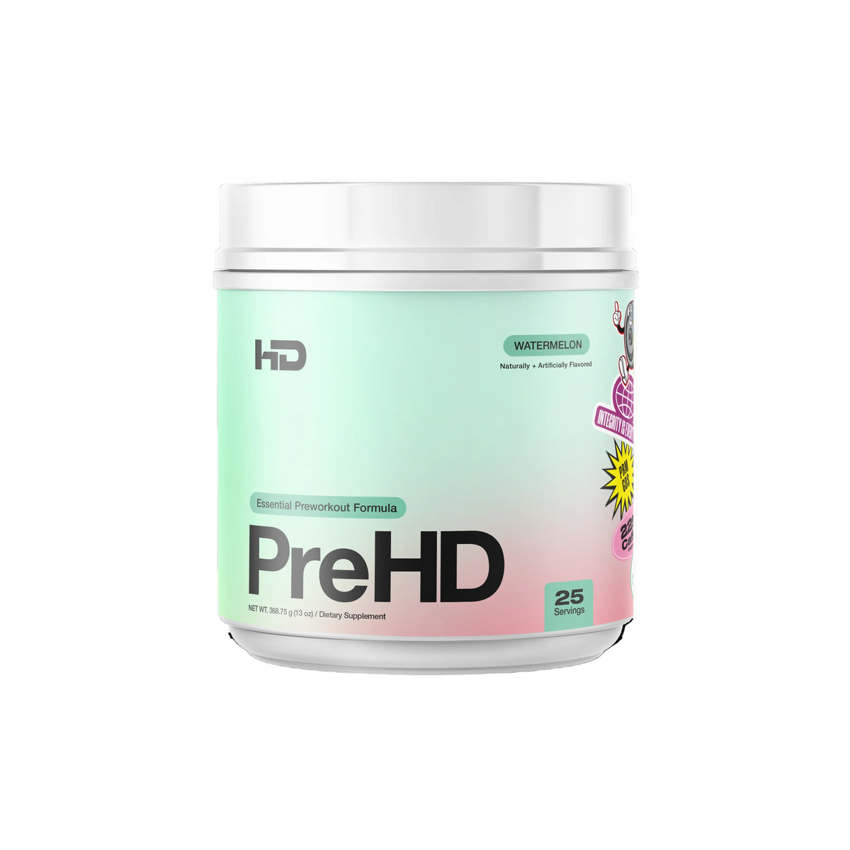 PreHD supplement container with gradient design on a white background